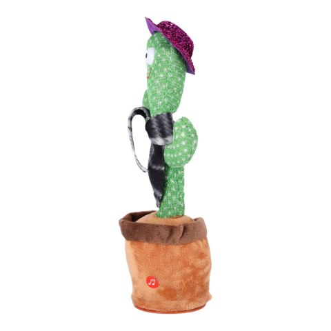 Zabawka dla dzieci - Tańczący kaktus - z czarnym szalikiem w kratę i fioletowym kapeluszem