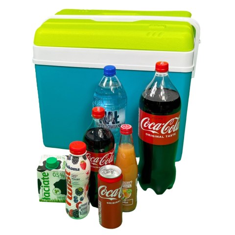 Lodówka turystyczna 35L KAMAI EDA na wkłady mrożące, turkusowa z białą rączką i zieloną pokrywą