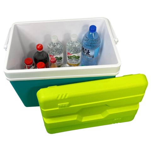 Lodówka turystyczna 35L KAMAI EDA na wkłady mrożące, turkusowa z białą rączką i zieloną pokrywą