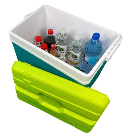 Lodówka turystyczna 35L KAMAI EDA na wkłady mrożące, turkusowa z białą rączką i zieloną pokrywą