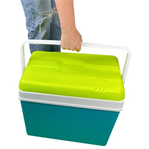 Lodówka turystyczna 35L KAMAI EDA na wkłady mrożące, turkusowa z białą rączką i zieloną pokrywą