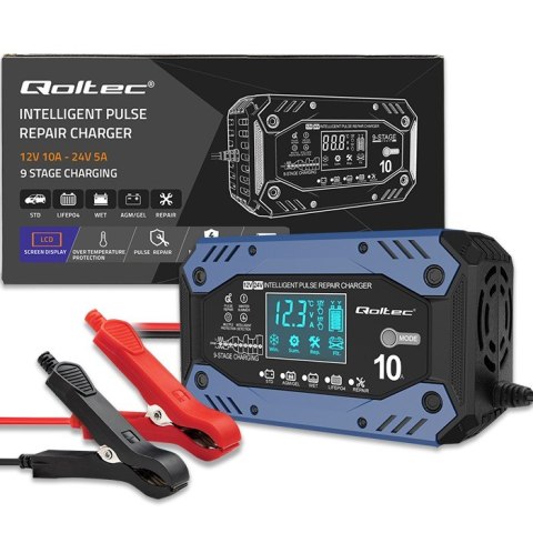 Qoltec Inteligentna ładowarka do akumulatora STD AGM GEL LiFePO4 | Prostownik z funkcją naprawy |12-24V |10A | LCD | 9 - stopnio