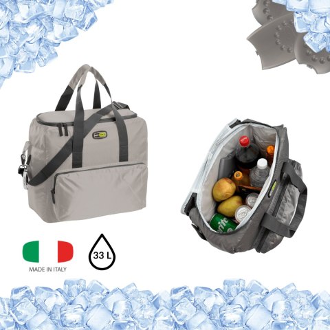 Torba termiczna Kamai Gio Style na ramię, pastelowy szary, z kieszeniami i rączką do noszenia, pojemność 33L