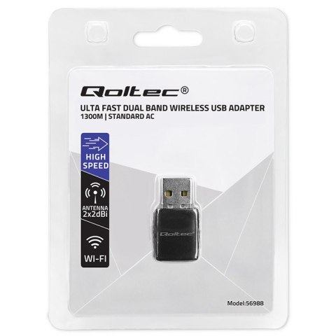 Qoltec Bezprzewodowy Ultra szybki DUAL mini WiFi adapter 2 x 2dBi | Standard AC | USB 3.0 | 1300Mbps