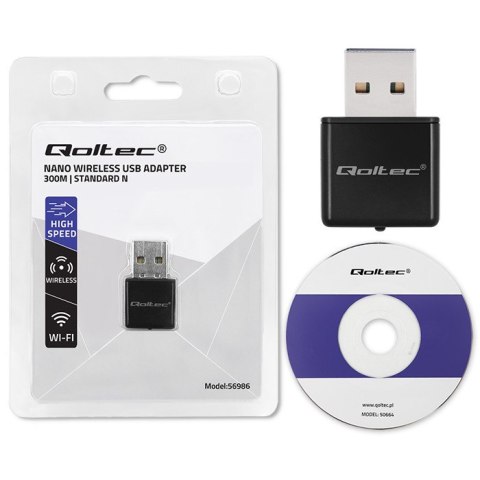Qoltec Karta sieciowa zewnętrzna | Ultra szybki mini adapter NANO Wi-fi | Standard N | USB 2.0 | 300Mb/s | 2.4GHz