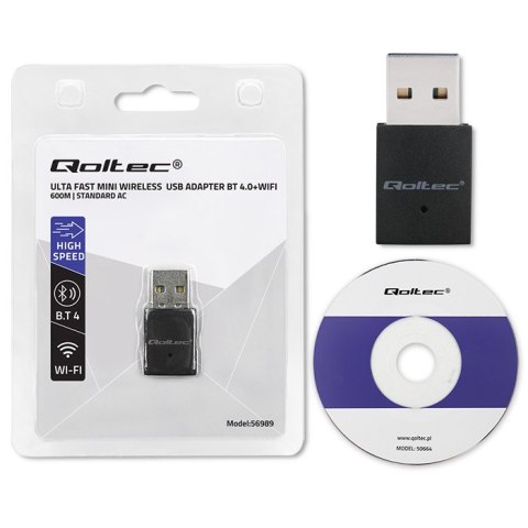 Qoltec Bezprzewodowy Ultra szybki mini adapter WiFi | Standard AC | BT 4.0 | USB 2.0 | 600Mbps