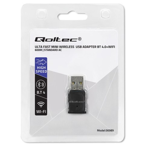 Qoltec Bezprzewodowy Ultra szybki mini adapter WiFi | Standard AC | BT 4.0 | USB 2.0 | 600Mbps