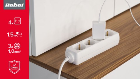 Przedłużacz 4 gniazda 1,5m typu niemieckiego bez przełącznika (3x1,0mm) Rebel biały