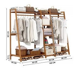 Podwójny bambusowy wieszak na ubrania z 5 półkami - długość 160 cm