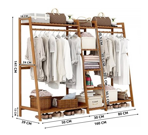 Podwójny bambusowy wieszak na ubrania z 5 półkami - długość 160 cm