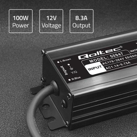 Qoltec Zasilacz impulsowy LED IP67 | 100W | 12V | 8.3A | Wodoodporny | Czarny