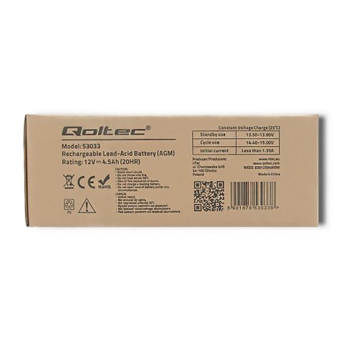 Qoltec Akumulator AGM | 12V | 4.5Ah | Bezobsługowy | Wydajny | LongLife | do UPS, wagi, kasy