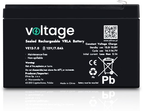 Akumulator AGM Voltage 12V 7Ah VE12-7.0 (Żywotność 6-9 lat)