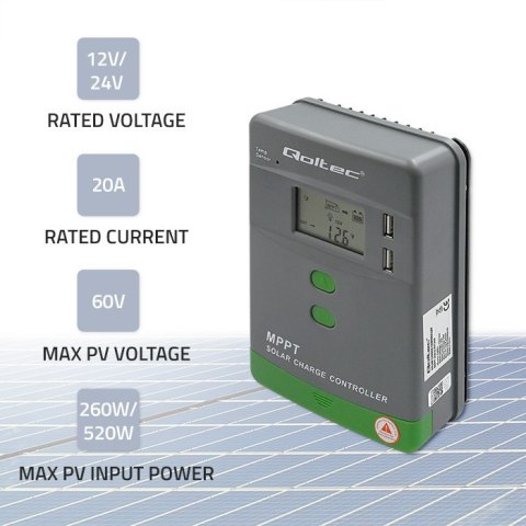 Qoltec Solarny regulator ładowania MPPT z czujnikiem temperatury 20A |12V / 24V | LCD | 2 x USB | Bluetooth | APP | GEL | LiFeP