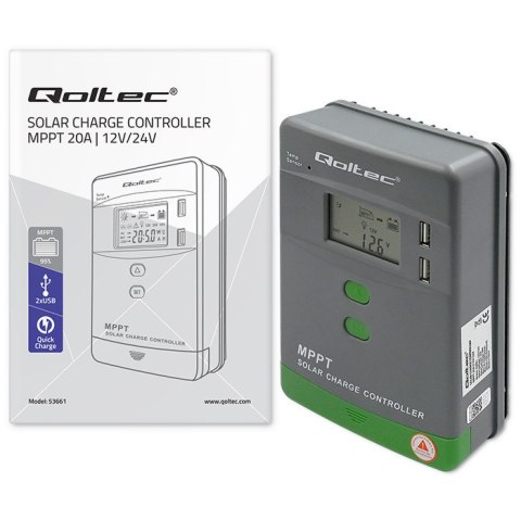 Qoltec Solarny regulator ładowania MPPT z czujnikiem temperatury 20A |12V / 24V | LCD | 2 x USB | Bluetooth | APP | GEL | LiFeP