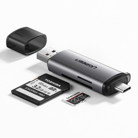 Adapter USB + USB-C UGREEN CM185 czytnik kart SD + microSD (szary)