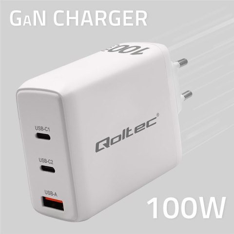 Qoltec Ładowarka sieciowa 100W GaN | 5-20V | 1.5-5A | 2 x USB-C PD | 1 x USB QC 3.0 | Laptop | Smartfon | Biała
