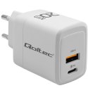 Qoltec Ładowarka sieciowa 20W GaN | 5-20V | 1.5-3A | 1 x USB-C PD | 1 x USB QC 3.0 | Biała