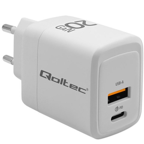 Qoltec Ładowarka sieciowa 20W GaN | 5-20V | 1.5-3A | 1 x USB-C PD | 1 x USB QC 3.0 | Biała