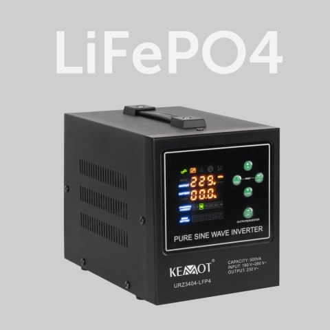 Zasilacz awaryjny KEMOT PROsinus-500-LFP4 przetwornica z czystym przebiegiem sinusoidalnym i funkcją ładowania 12V 230V 500VA/30