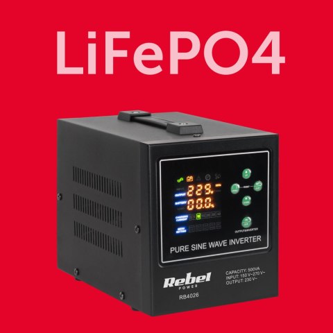 Zasilacz awaryjny Rebel POWER-500-LFP4 - przetwornica z czystym przebiegiem sinusoidalnym i funkcją ładowania 12V 230V 500VA/300