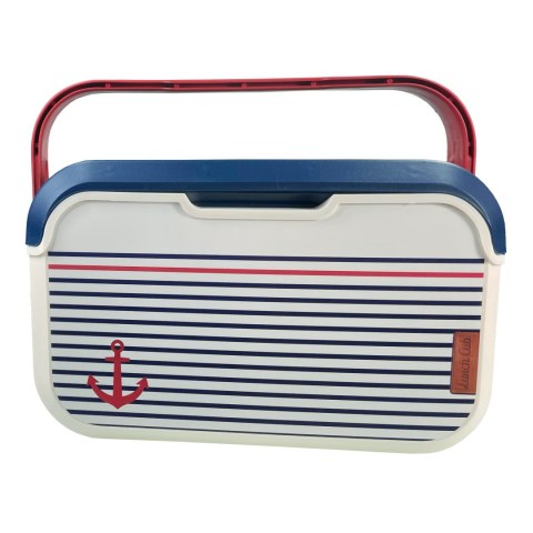 Mini lodówka turystyczna 5L KAMAI EDA wzór marynarski, lunchox na wkłady mrożące - waniliowy korpus, czerwona rączka, błękitna 