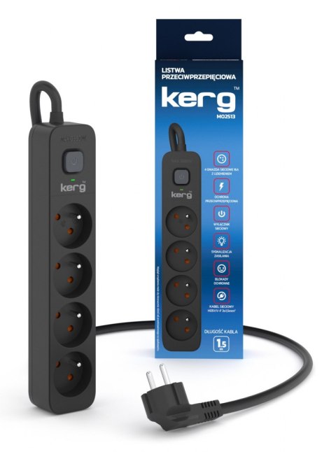 Urządz. zas.-zabezpiecz. KERG z wyłącznikiem-4 gniazda-czarny-1,5m-16A-H05VV-F-3x1,5mm2
