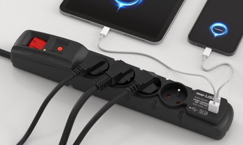 FILTR PRZECIWPRZEPIĘCIOWY ACAR F4 czarny 5M USB A+C (szybka ładowarka) W2441