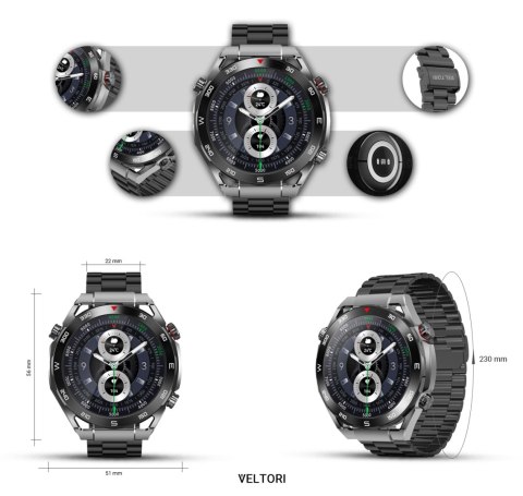 Smartwatch VELTORI VT100-1 + Czarny Pasek Silikonowy + Czarny Eko Skóra