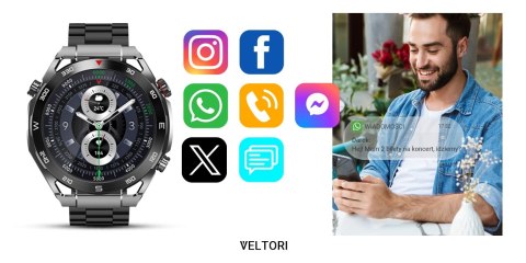 Smartwatch VELTORI VT100-1 + Czarny Pasek Silikonowy + Czarny Eko Skóra