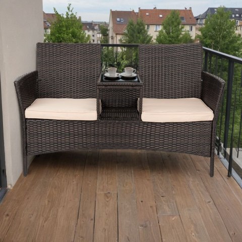 Ławka ogrodowa z technorattanu sofa CORDOBA czarna z beżowymi poduszkami