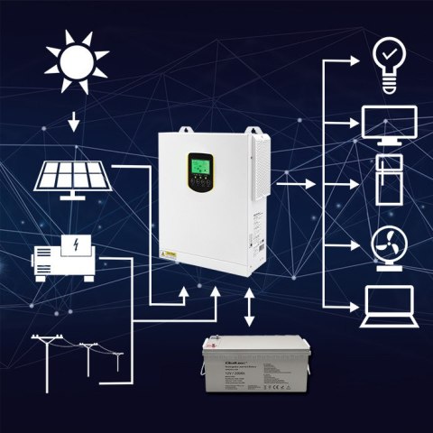 Qoltec Hybrydowy inwerter solarny Off-Grid 2.5kVA| 2.5kW | 100A | MPPT | LCD | BMS | Sinus