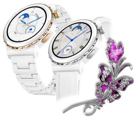 Smartwatch Damski Rubicon RNCE92-1 Srebrny-Ceramiczna Bransoleta + Biały Silikonowy Pasek