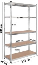 Regał stalowy magazynowy 200kg 5 poziomów 205x120x45 cm ocynkowany