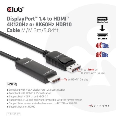 CLUB3D CAC-1087 adapter kablowy 3 m DisplayPort HDMI Czarny
