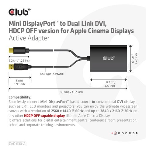 CLUB3D CAC-1130-A adapter kablowy 0,6 m DVI-D Mini DisplayPort + USB Type-A Czarny