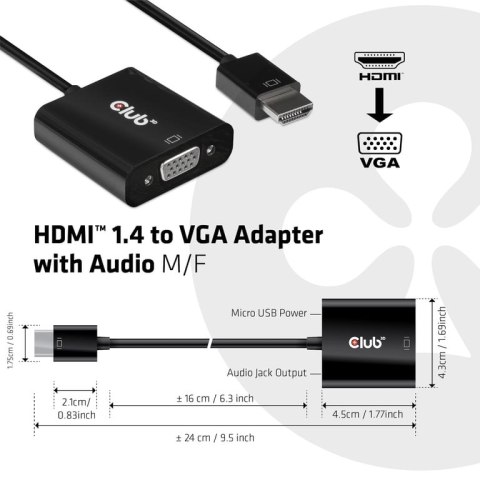 CLUB3D CAC-1302 adapter kablowy 0,5 m HDMI Typu A (Standard) VGA (D-Sub) Czarny