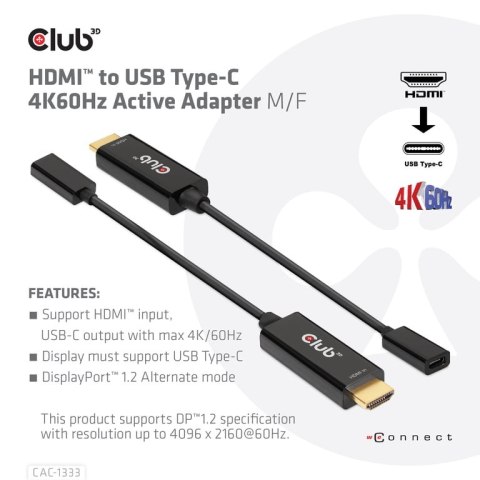 CLUB3D CAC-1333 adapter kablowy 0,22 m HDMI Typu A (Standard) USB Type-C Czarny