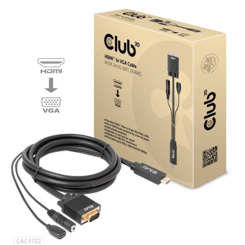 CLUB3D CAC-1712 adapter kablowy 2 m VGA (D-Sub) + 3.5mm HDMI + Micro-USB Czarny