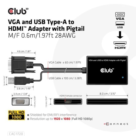 CLUB3D CAC-1720 adapter kablowy 0,6 m HDMI Typu A (Standard) VGA (D-Sub) + USB Czarny