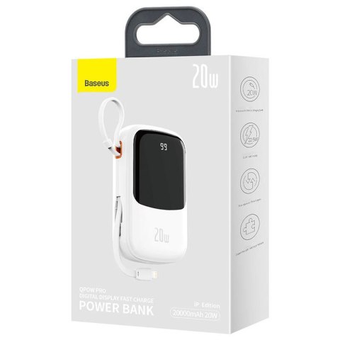 Powerbank Baseus Qpow PRO z kablem Lightning, portem USB-C i USB, 20000mAh, 20W (biały)