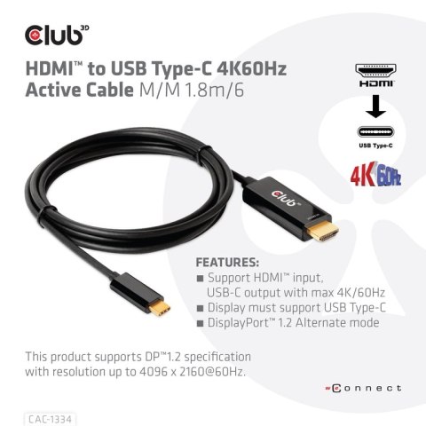 CLUB3D CAC-1334 adapter kablowy 1,8 m HDMI Typu A (Standard) USB Type-C