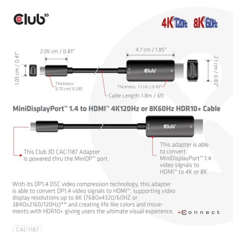 CLUB3D CAC-1187 adapter kablowy 1,8 m Mini DisplayPort HDMI Czarny