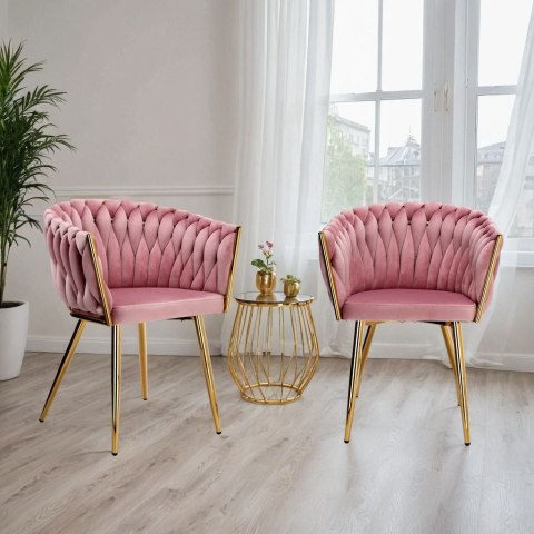 Krzesło welurowe plecione COFTON gold VELVET różowy