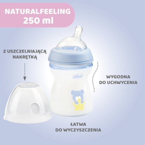 CHICCO NATURALFEELING 2M+ 250 ml Butelka plastikowa, smoczek silikon, przepływ średni