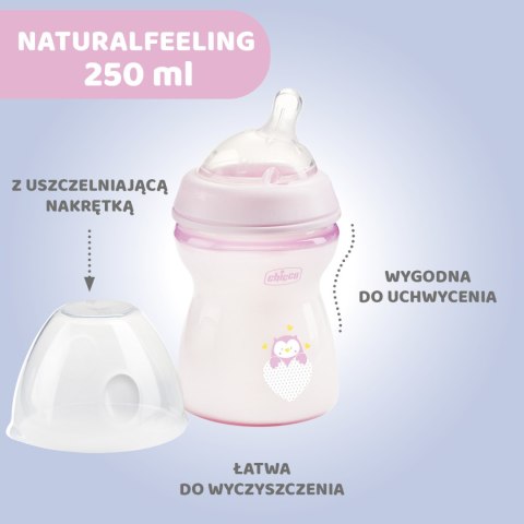 CHICCO NATURALFEELING 2M+ 250 ml Butelka plastikowa, smoczek silikon, przepływ średni