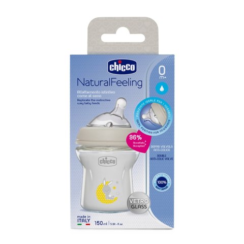 CHICCO NATURALFEELING 0M+ 150 ml Butelka szklana, smoczek silikon, przepływ wolny