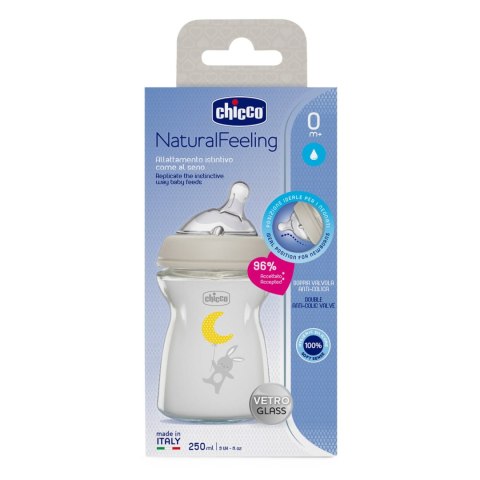 CHICCO NATURALFEELING 0M+ 250 ml Butelka szklana, smoczek silikon, przepływ wolny