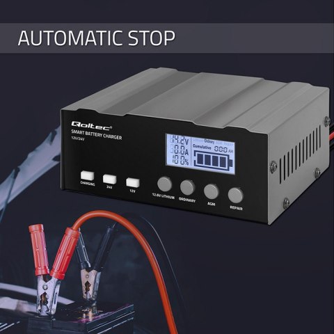 Qoltec Inteligentna mikroprocesorowa ładowarka 12A | 12V | 24V | Prostownik z funkcją naprawy do AGM GEL | LCD