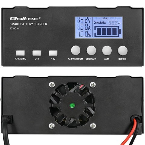 Qoltec Inteligentna mikroprocesorowa ładowarka 12A | 12V | 24V | Prostownik z funkcją naprawy do AGM GEL | LCD